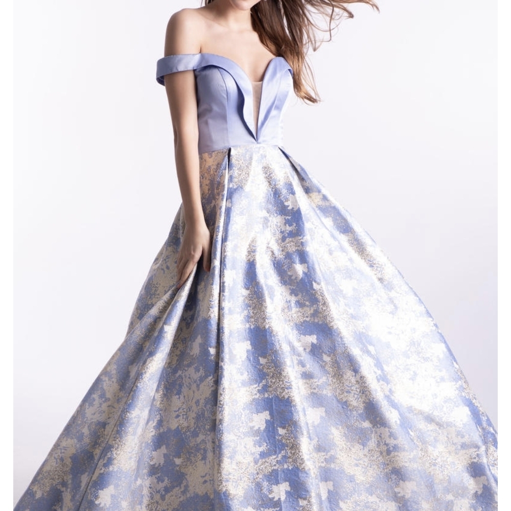 Sophisticated Off-Shoulder Blue and Gold Prom Dress